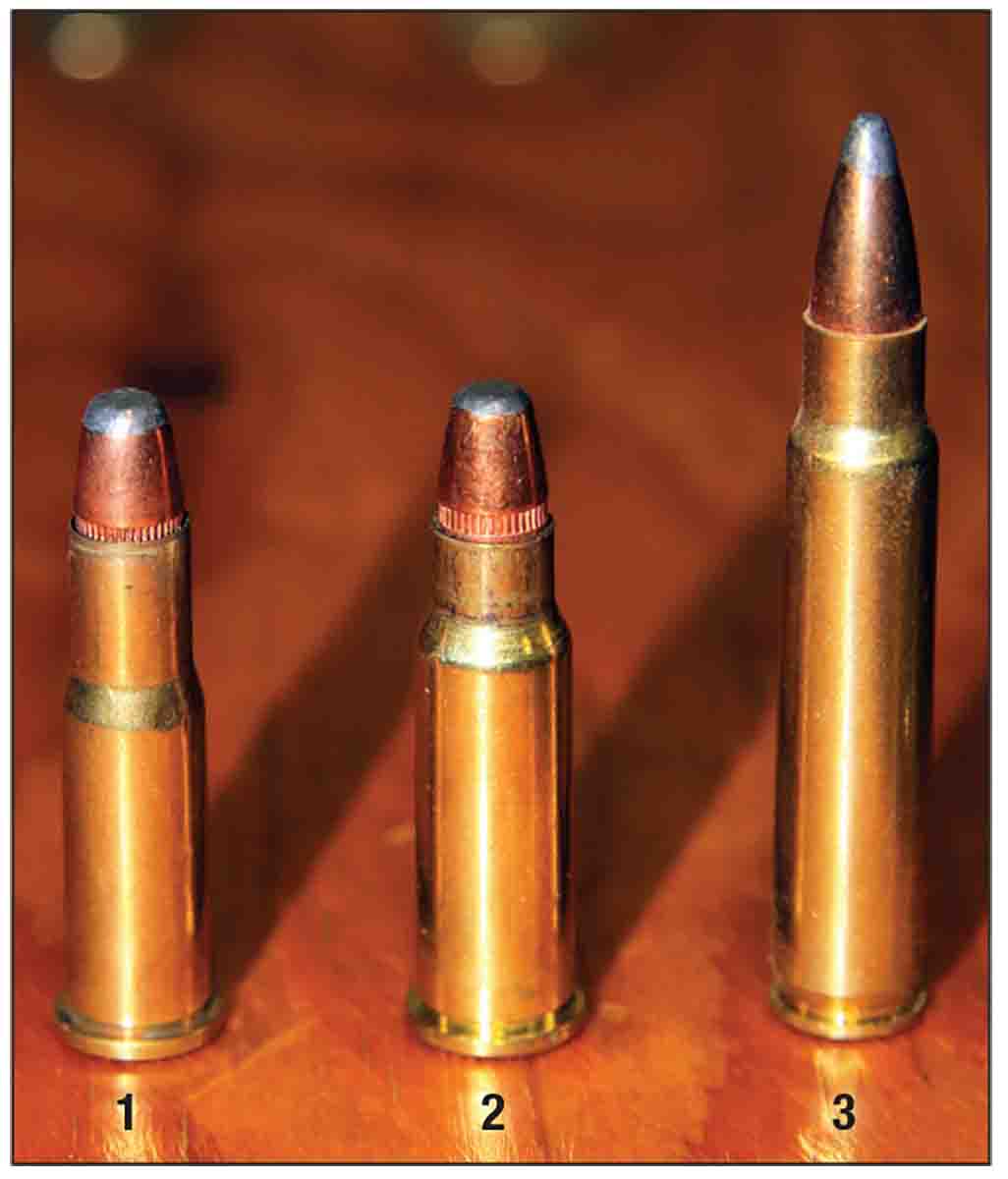 Shown for comparison are:  (1) the ancient 25-20 Winchester, (2) the defunct 256 Winchester Magnum and (3) the modern 25-45 Sharps (an AR round).